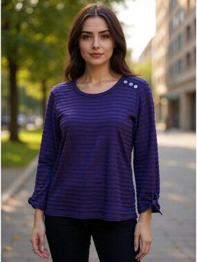 Liz Claiborne Womens Petite Purple Striped 3/4 Sleeve Button Shoulder Top Size P